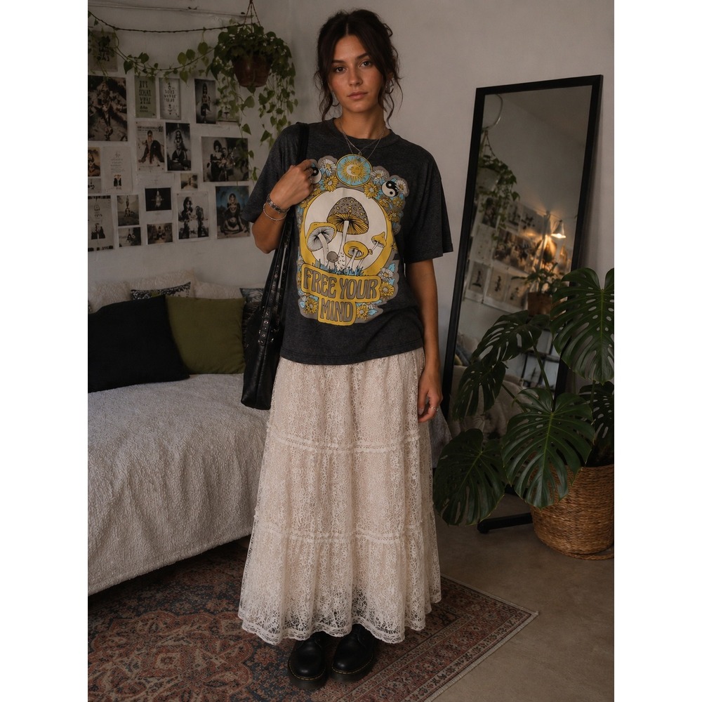 Outlaw Free Your Mind Tee XS Charcoal‎ Mushroom Yin Yang Boho Festival NWOT